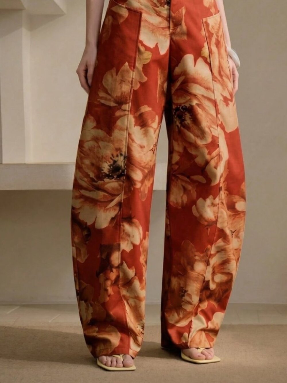Rust Red Floral Print Wide Leg Trousers with Front Pockets